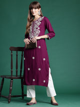 Women's Purple Embroidered Straight Kurta