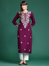 Women's Purple Embroidered Straight Kurta