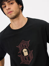 Men's Black Casual Printed Oversized Fit Half Sleeves Tshirt