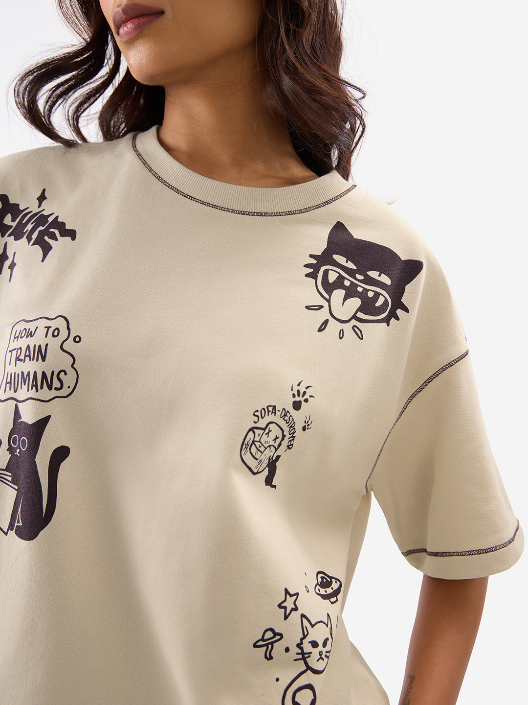 Women's Beige Casual Oversized Fit Printed Half Sleeves Tshirt