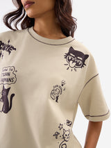 Women's Beige Casual Oversized Fit Printed Half Sleeves Tshirt