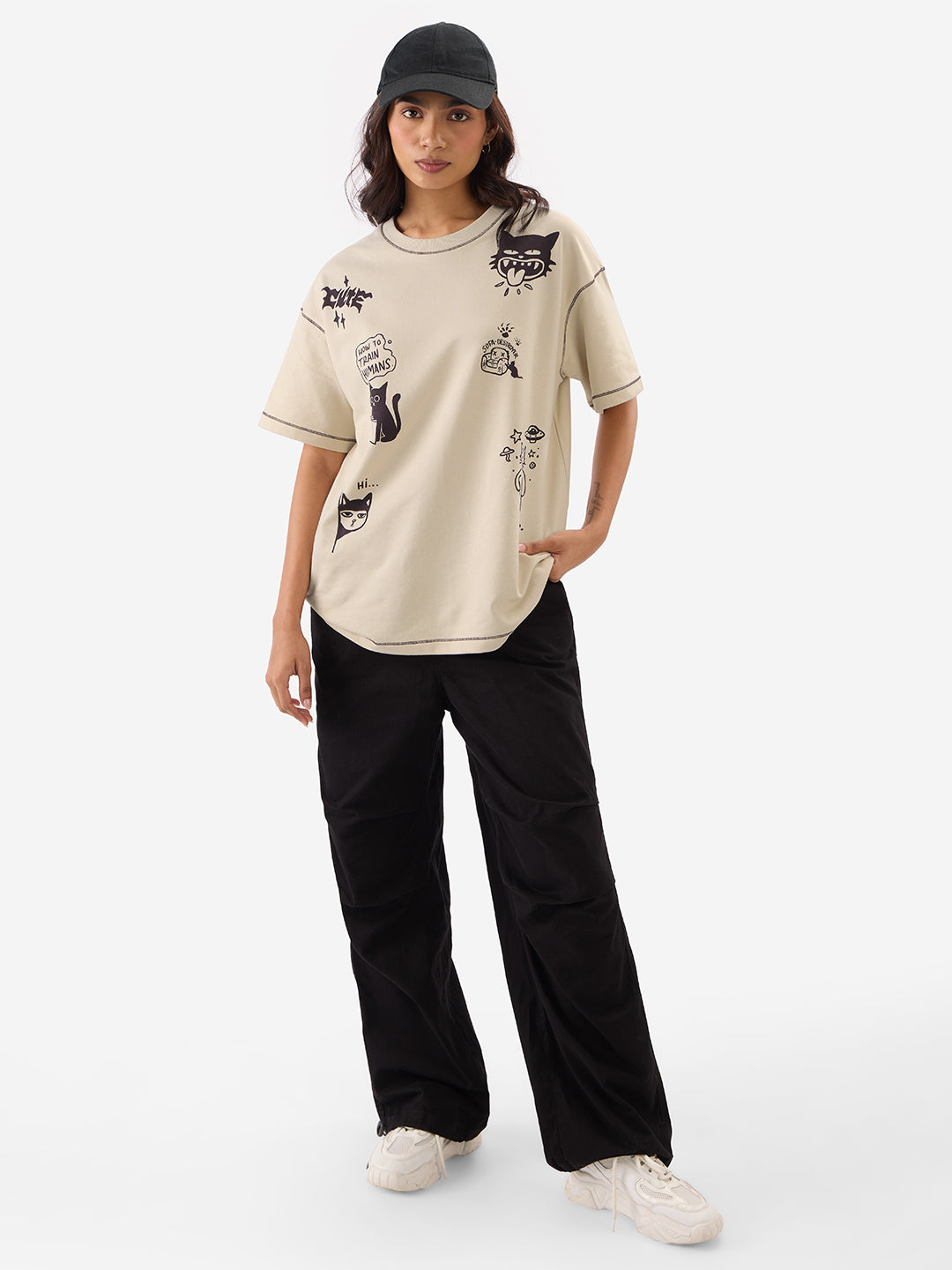 Women's Beige Casual Oversized Fit Printed Half Sleeves Tshirt