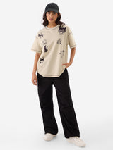 Women's Beige Casual Oversized Fit Printed Half Sleeves Tshirt