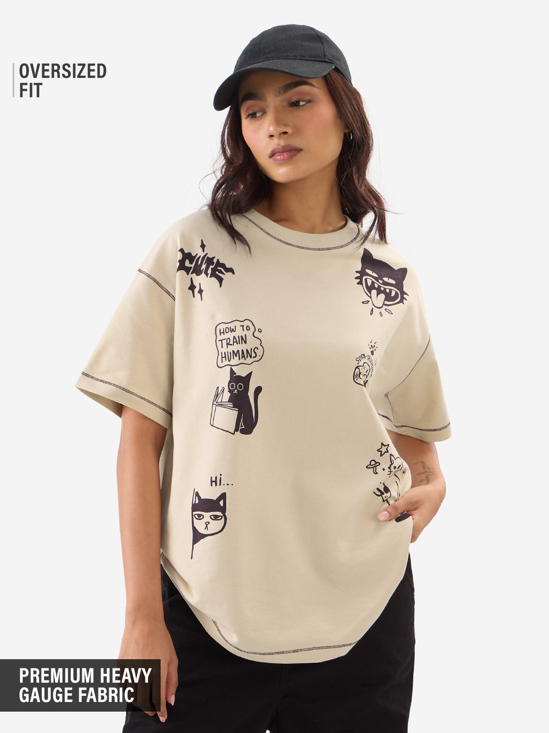 Women's Beige Casual Oversized Fit Printed Half Sleeves Tshirt