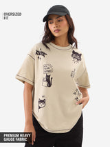 Women's Beige Casual Oversized Fit Printed Half Sleeves Tshirt