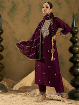 Women's Burgundy Embroidered Straight Kurta Trouser With Dupatta Set