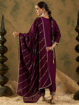 Women's Burgundy Embroidered Straight Kurta Trouser With Dupatta Set