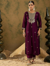 Women's Burgundy Embroidered Straight Kurta Trouser With Dupatta Set