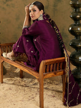 Women's Burgundy Embroidered Straight Kurta Trouser With Dupatta Set