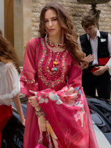 Women's Pink Embroidered A-Line Kurta Pant With Organza Dupatta Set