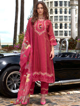 Women's Pink Embroidered A-Line Kurta Pant With Organza Dupatta Set