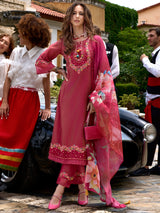 Women's Pink Embroidered A-Line Kurta Pant With Organza Dupatta Set