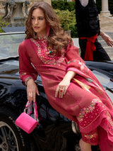 Women's Pink Embroidered A-Line Kurta Pant With Organza Dupatta Set