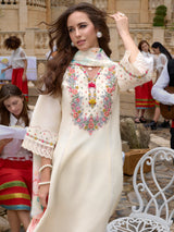 Women's Off White Embroidered A-Line Kurta Pant With Organza Dupatta Set