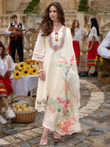 Women's Off White Embroidered A-Line Kurta Pant With Organza Dupatta Set