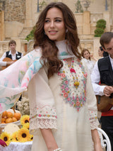 Women's Off White Embroidered A-Line Kurta Pant With Organza Dupatta Set