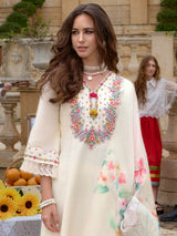 Women's Off White Embroidered A-Line Kurta Pant With Organza Dupatta Set