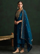 Women's Teal Embroidered Straight Kurta Trouser With Dupatta Set