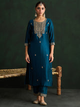 Women's Teal Embroidered Straight Kurta Trouser With Dupatta Set