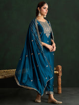 Women's Teal Embroidered Straight Kurta Trouser With Dupatta Set