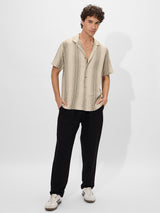 Men's Beige Casual Striped Regular Fit Half Sleeves Shirt