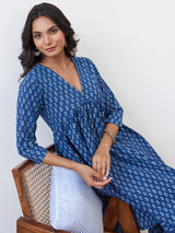 Women's Blue Printed A-Line Kurta Trousers Set
