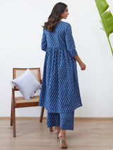 Women's Blue Printed A-Line Kurta Trousers Set