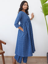 Women's Blue Printed A-Line Kurta Trousers Set
