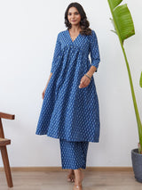 Women's Blue Printed A-Line Kurta Trousers Set