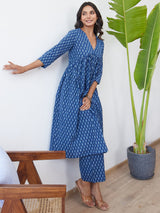 Women's Blue Printed A-Line Kurta Trousers Set