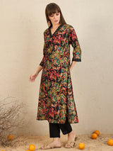 Women's Black Printed Straight Kurta Trousers Set