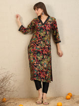 Women's Black Printed Straight Kurta Trousers Set