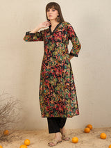 Women's Black Printed Straight Kurta Trousers Set