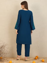 Women's Teal Embroidered Straight Kurta Trousers Set