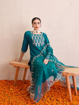Women's Teal Embroidered Straight Kurta Trouser With Dupatta set
