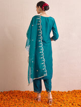 Women's Teal Embroidered Straight Kurta Trouser With Dupatta set