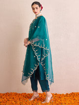 Women's Teal Embroidered Straight Kurta Trouser With Dupatta set