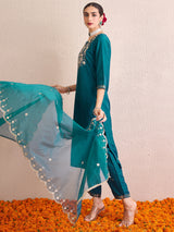 Women's Teal Embroidered Straight Kurta Trouser With Dupatta set