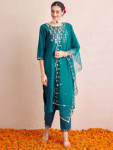 Women's Teal Embroidered Straight Kurta Trouser With Dupatta set