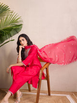 Women's Pink Embroidered Straight Kurta Trousers With Dupatta Set