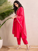 Women's Pink Embroidered Straight Kurta Trousers With Dupatta Set