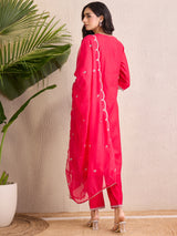 Women's Pink Embroidered Straight Kurta Trousers With Dupatta Set