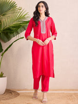 Women's Pink Embroidered Straight Kurta Trousers With Dupatta Set