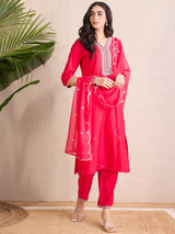 Women's Pink Embroidered Straight Kurta Trousers With Dupatta Set