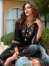 Women's Black Embroidered Straight Kurta Pant With Organza Dupatta Set