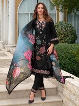 Women's Black Embroidered Straight Kurta Pant With Organza Dupatta Set