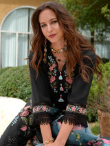 Women's Black Embroidered Straight Kurta Pant With Organza Dupatta Set