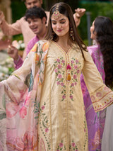 Women's Off White Embroidered Straight Kurta Pant With Organza Dupatta Set
