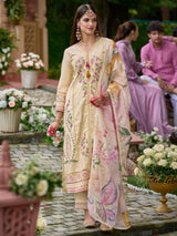 Women's Off White Embroidered Straight Kurta Pant With Organza Dupatta Set