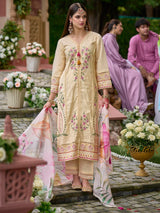 Women's Off White Embroidered Straight Kurta Pant With Organza Dupatta Set